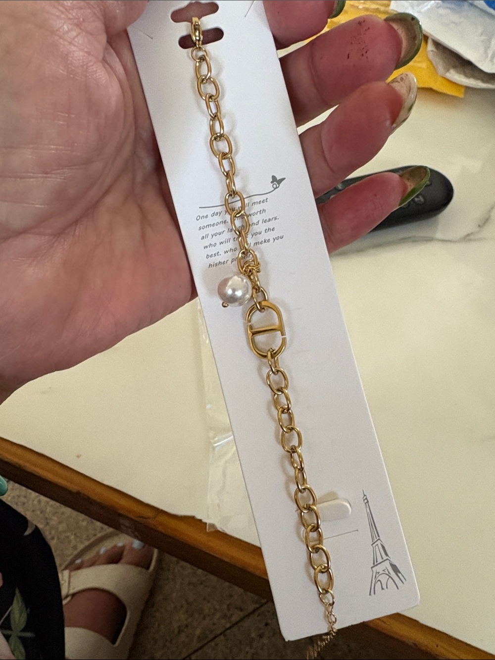 Gold Chain Bracelet with Pearl Charm - Women Jewelry